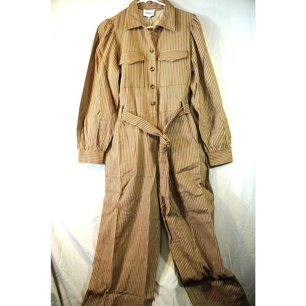 FRNCH Paris Striped Long Sleeve Wide Leg Jumpsuit Belted Utility Tan Brown Large